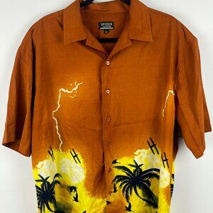 Spider Fashion Casual Button Down Shirt Size M Brown Yellow Short Sleeve Polyest